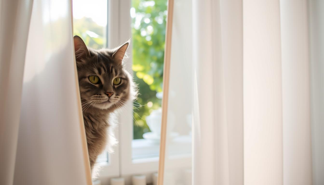 macska bújik a függöny mögé