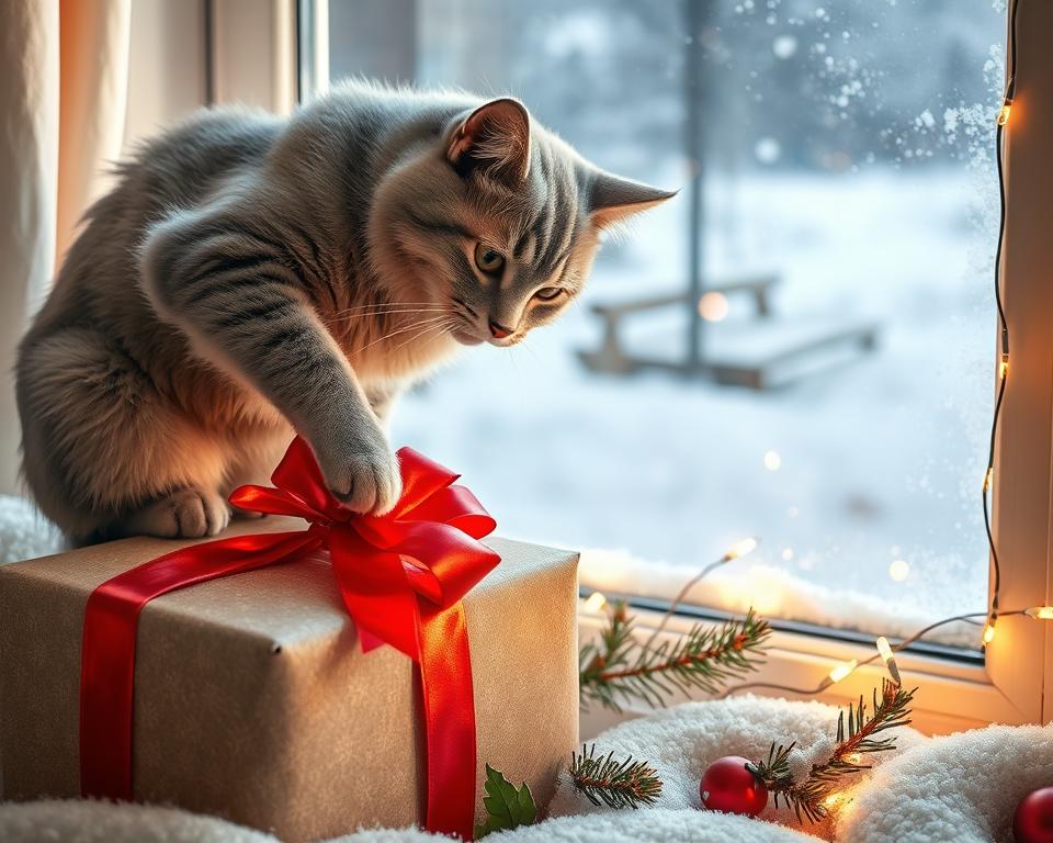 Macska és a karácsonyi ajándékcsomagok