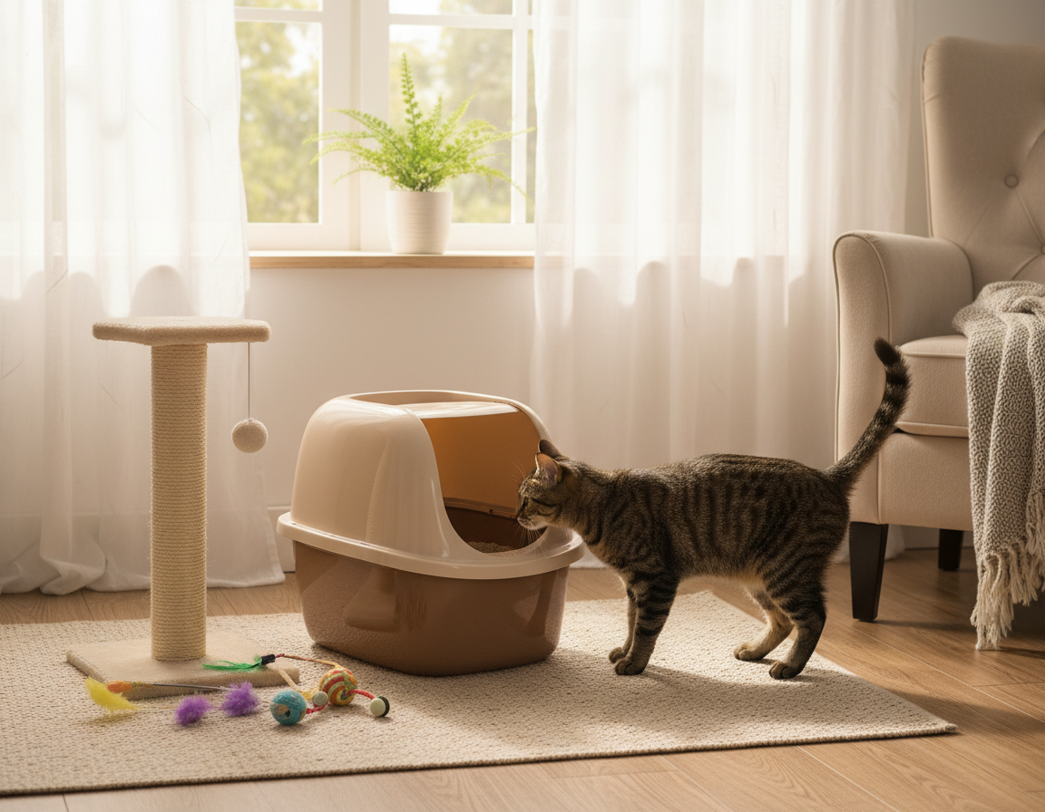 macska-alomtalca-elhelyezese macska alomtálca elhelyezése