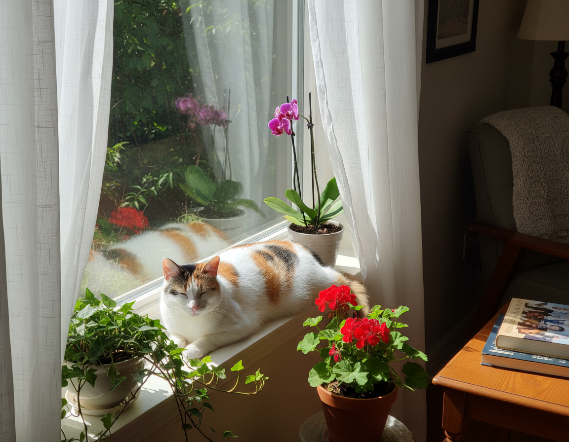 macska ablakpárkányon pihenés