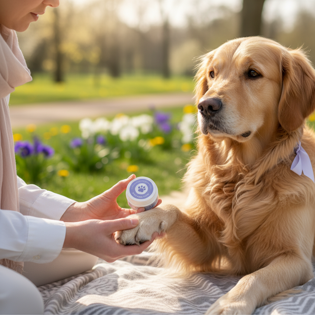 Gazdi gondoskodik kutyája mancsáról tavaszi séta után.