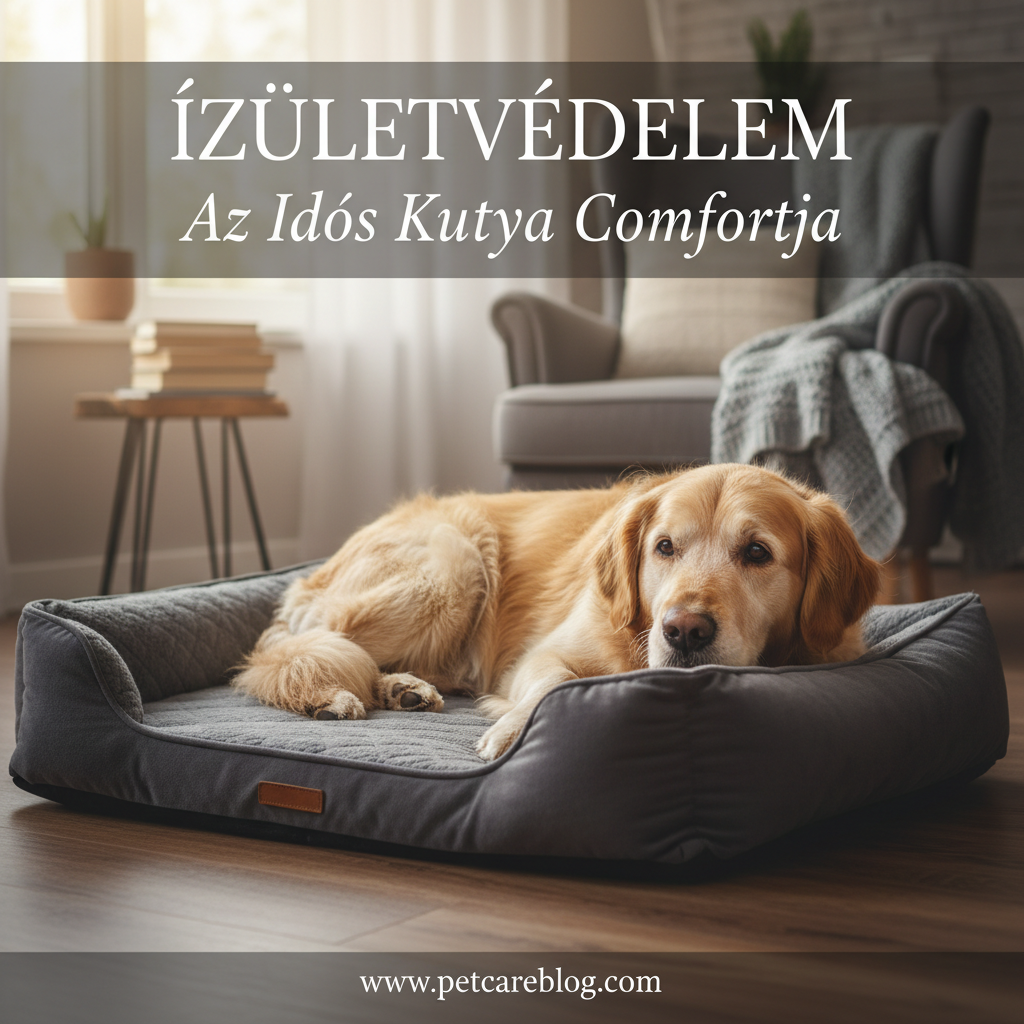 Kutya problémák: Útmutató az egészséghez és viselkedéshez 4 Idős kutya pihen egy puha ortopéd fekhelyen, jelezve az ízületvédelem fontosságát.