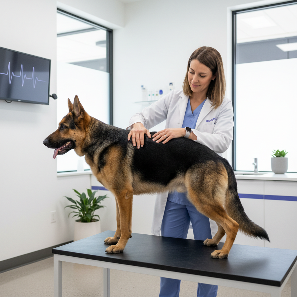 Állatorvos vizsgálja a német juhász gerincét.