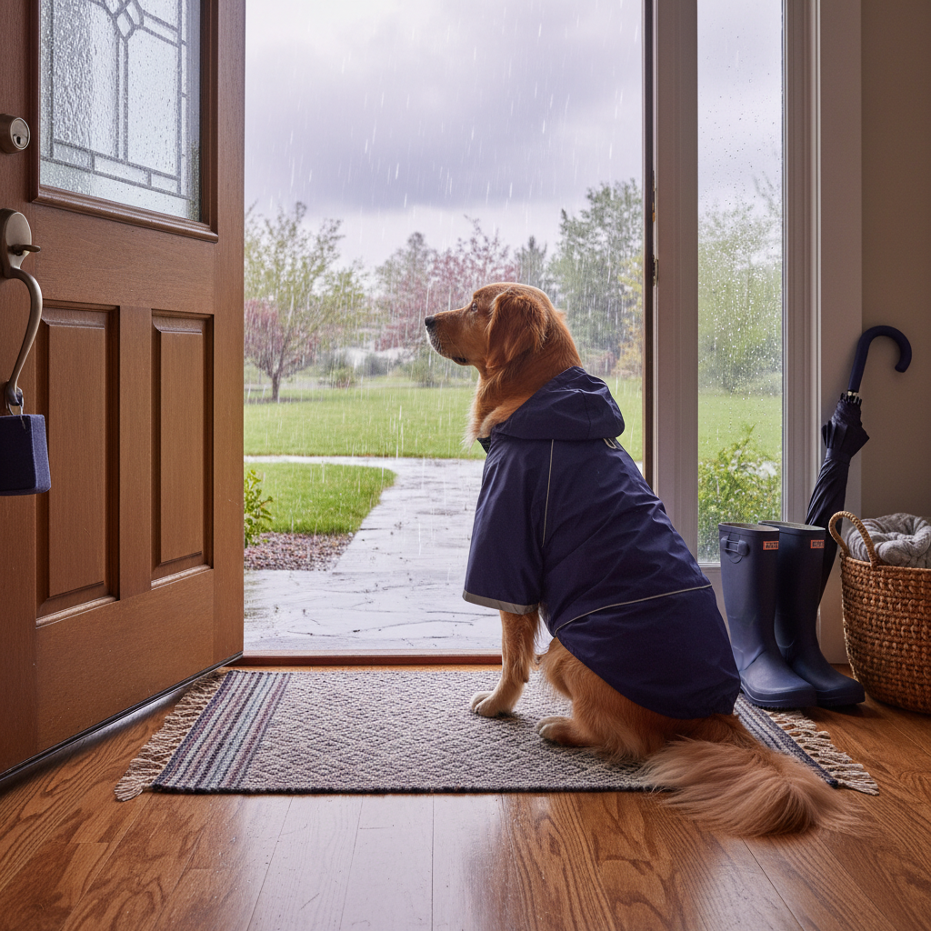 Kutya esőkabátban várja, hogy elálljon az eső.