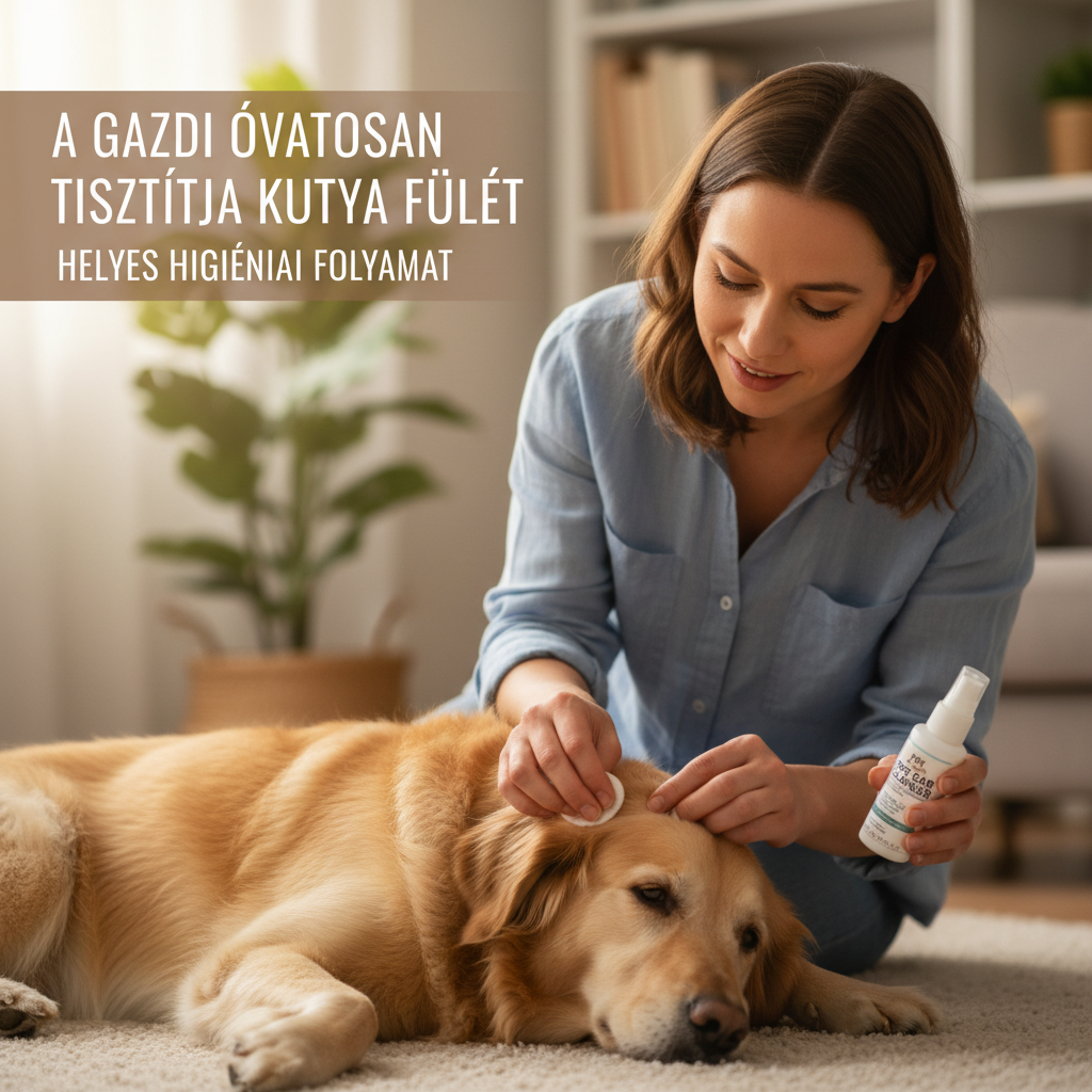 Kutya problémák: Útmutató az egészséghez és viselkedéshez 5 A gazdi óvatosan tisztítja a kutya fülét, bemutatva a helyes higiéniai folyamatot.