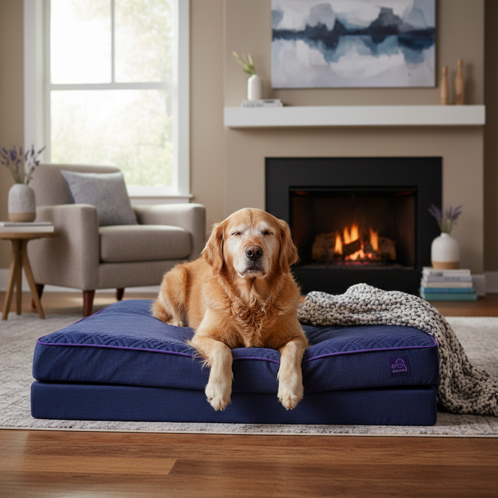 Idős golden retriever pihen ortopéd kutyaágyon.