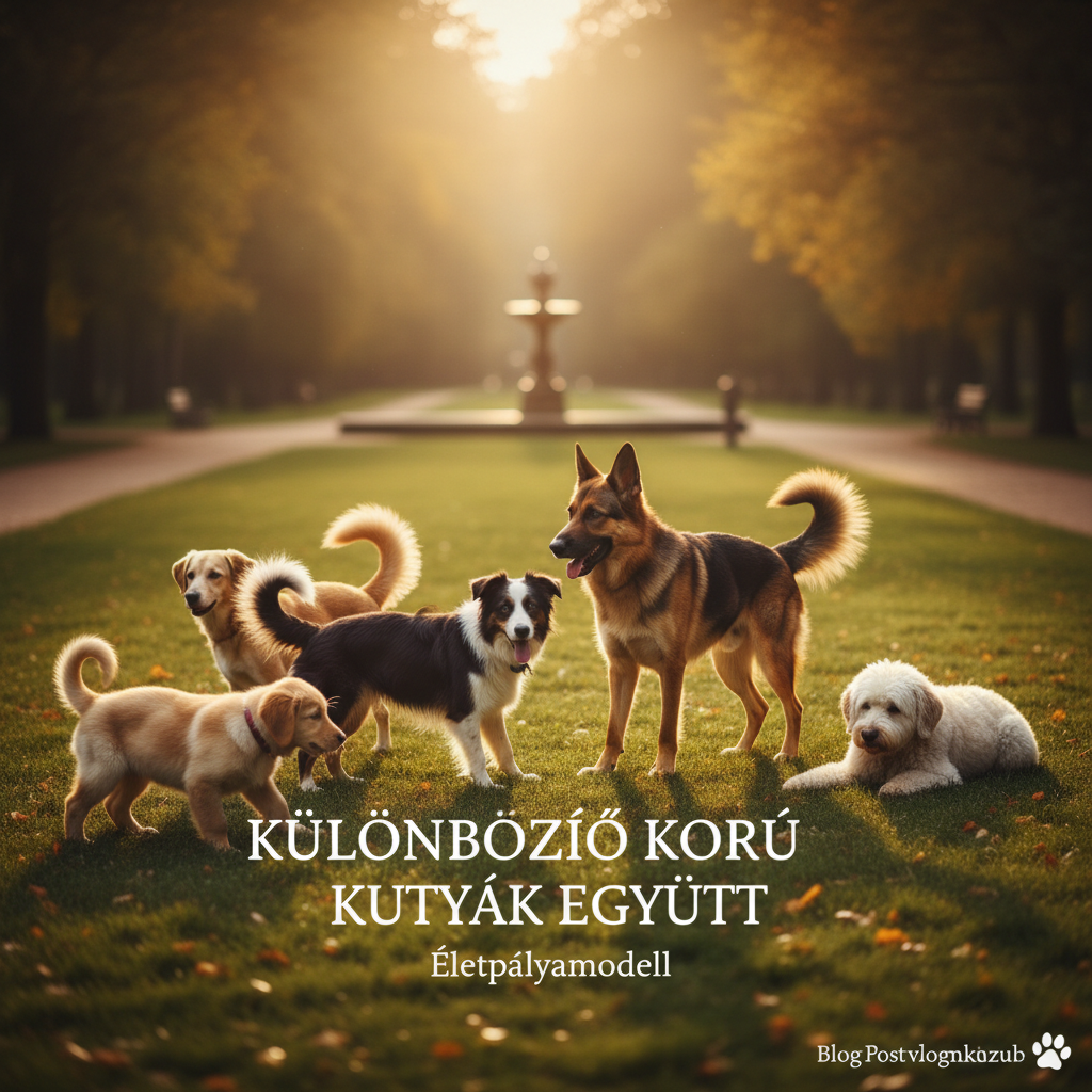 Kutya problémák: Útmutató az egészséghez és viselkedéshez 6 Különböző korú kutyák együtt, szemléltetve az életpályamodellt.